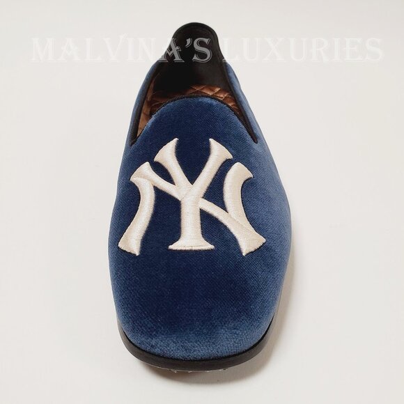 GUCCI SHOES MENS NY YANKEES INSIGNIA BLUE VELVET LOAFERS - Picture 7 of 14